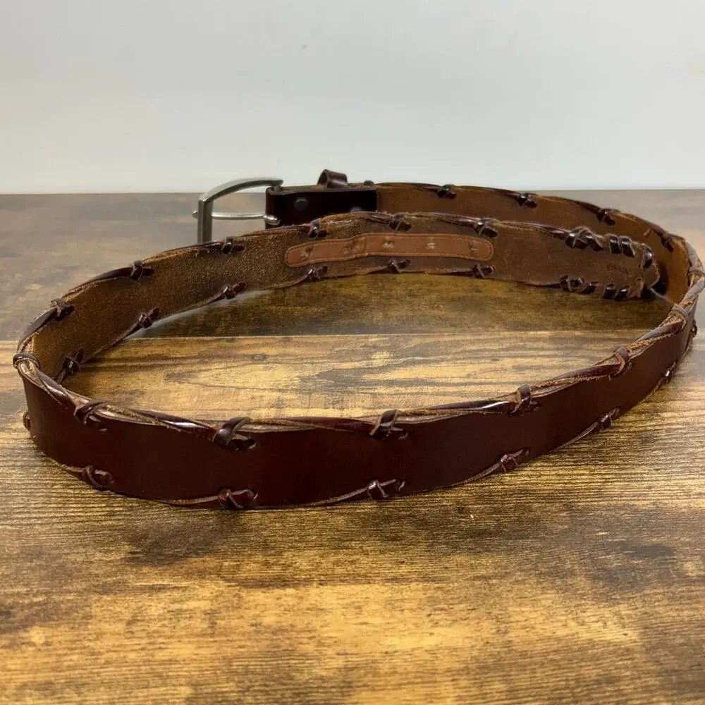 REI Brown Leather Belt Solid Silver Buckle Mens 36 Distressed Wrap Braid Detail